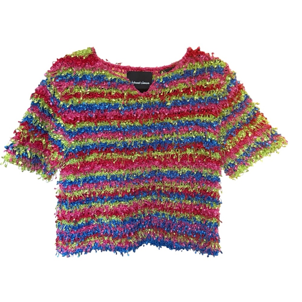 Rare Vintage Michael Simon Confetti Knit short sleeve Top | Size L rainbow knit - Picture 3 of 12